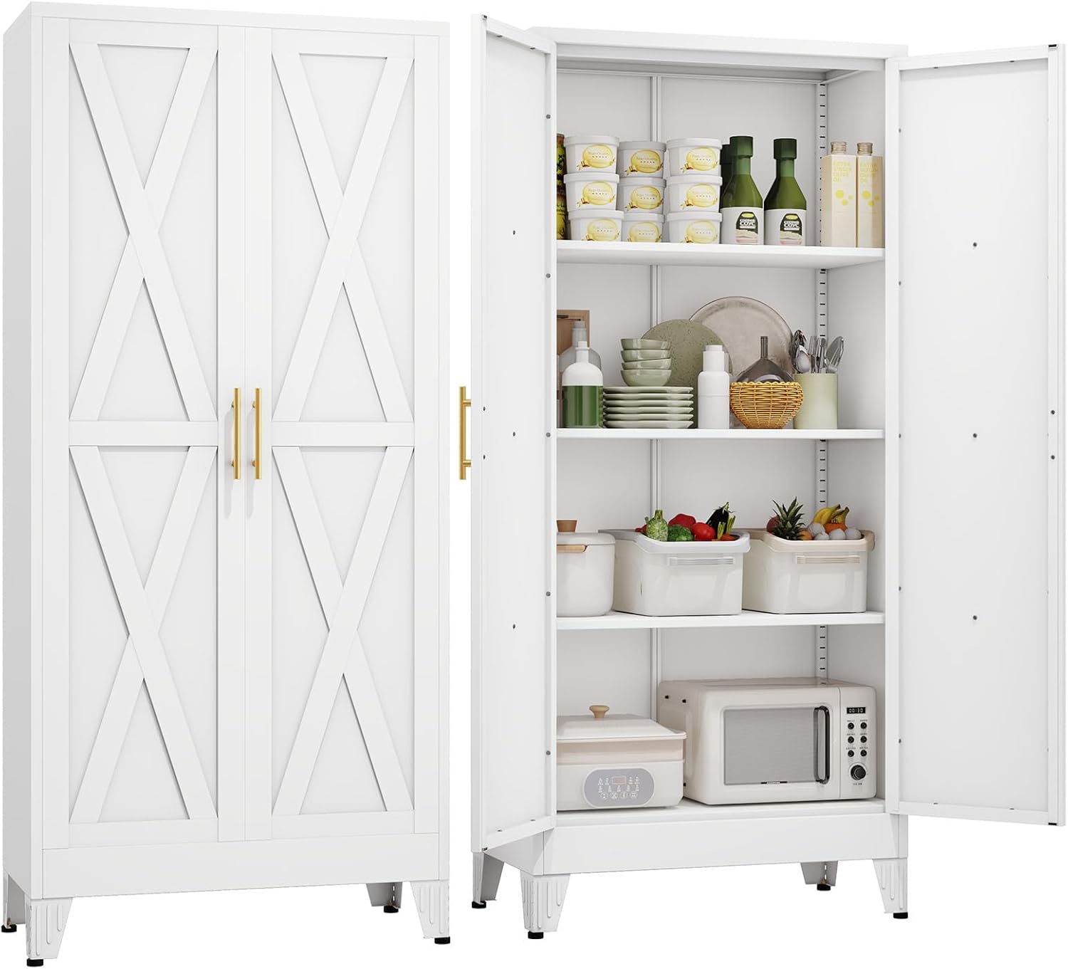 61" H Metal Kitchen Pantry Storage Cabinet, Freestanding Cupboard with 2 Doors and 3 Adjustable