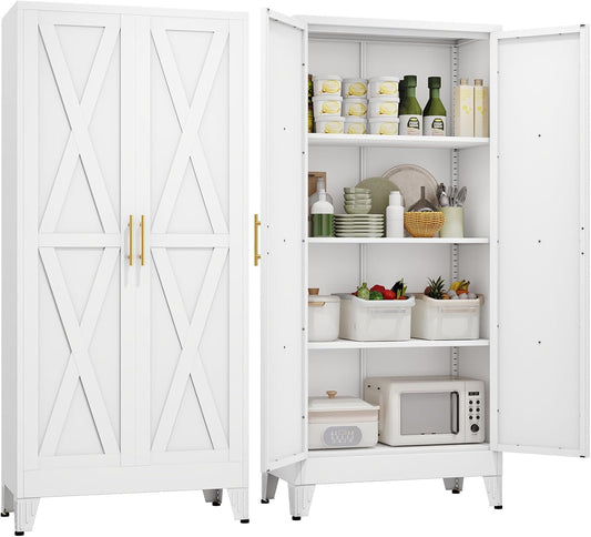61" H Metal Kitchen Pantry Storage Cabinet, Freestanding Cupboard with 2 Doors and 3 Adjustable