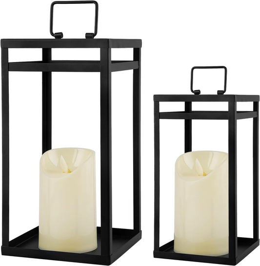 Modern Farmhouse Lantern Decor, 2Pcs Metal Candle Lanterns with Flameless Candles Black Decorative