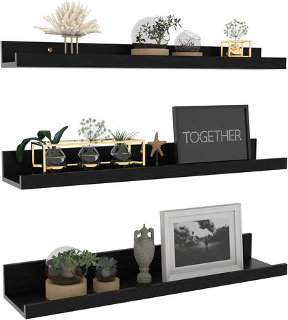 Giftgarden 24 Inch Black Floating Shelves Wall Mounted Woodgrain Picture Ledge Shelf for Storage