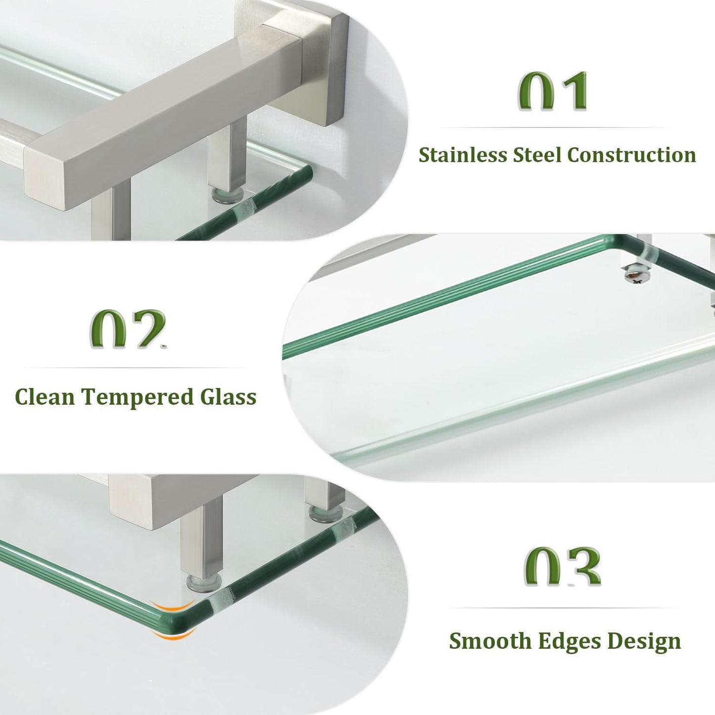 Alise Glass Shelves for Bathroom Wall, Tempered Glass Bathroom Shelf Wall Mounted, Modern Space
