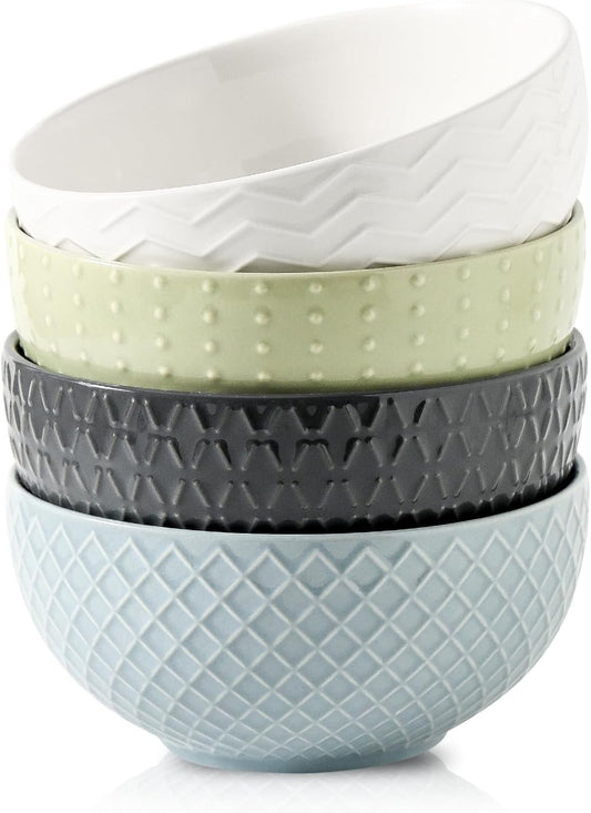 Hasense Soup Bowls 26 OZ, Ceramic Bowls Set of 4 for Kitchen, Embossed Stoneware Porcelain Cereal