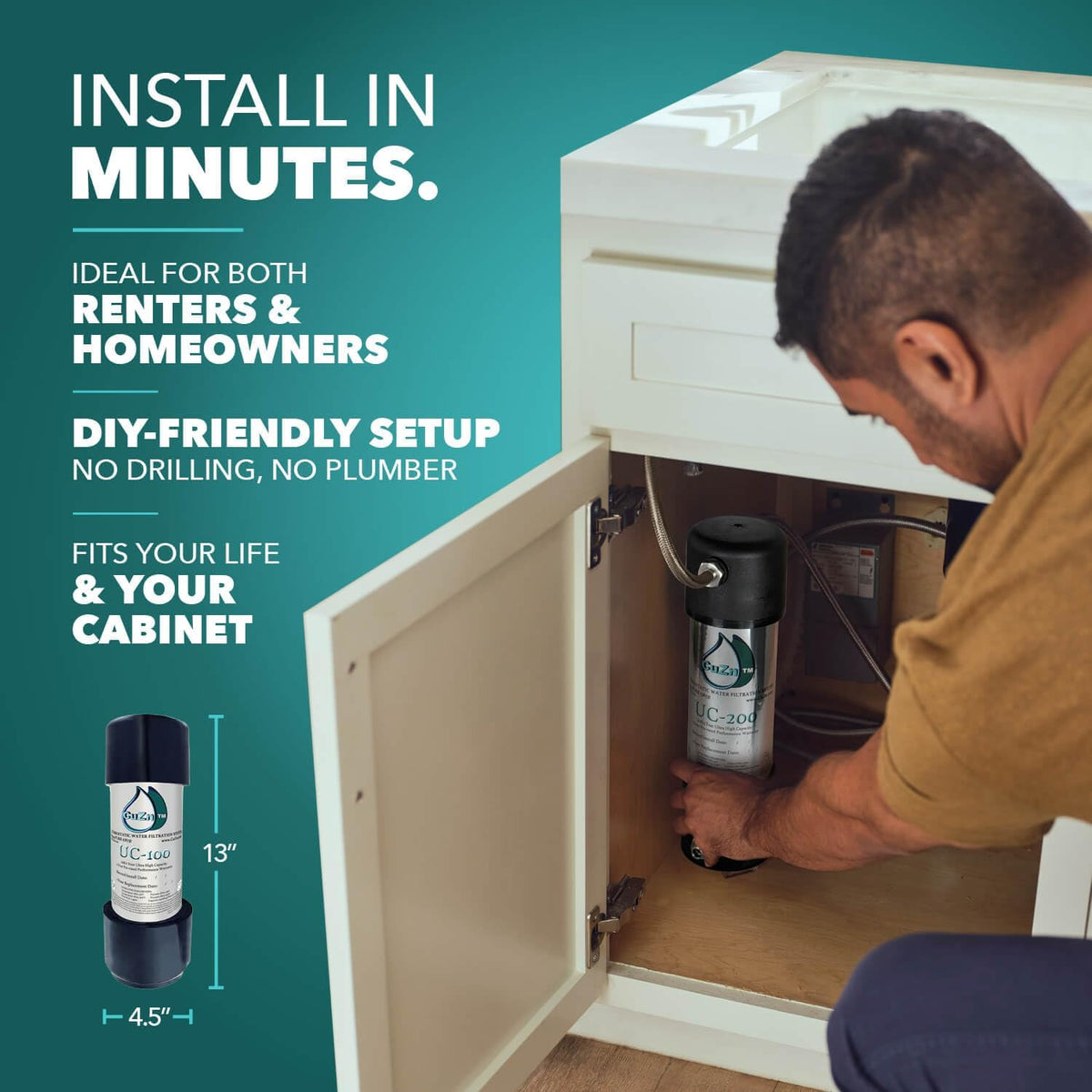CuZn Under Sink Water Filter for Sink Faucet, 10K Gallons or 1 Year Filtration Life, Reduces PFAs