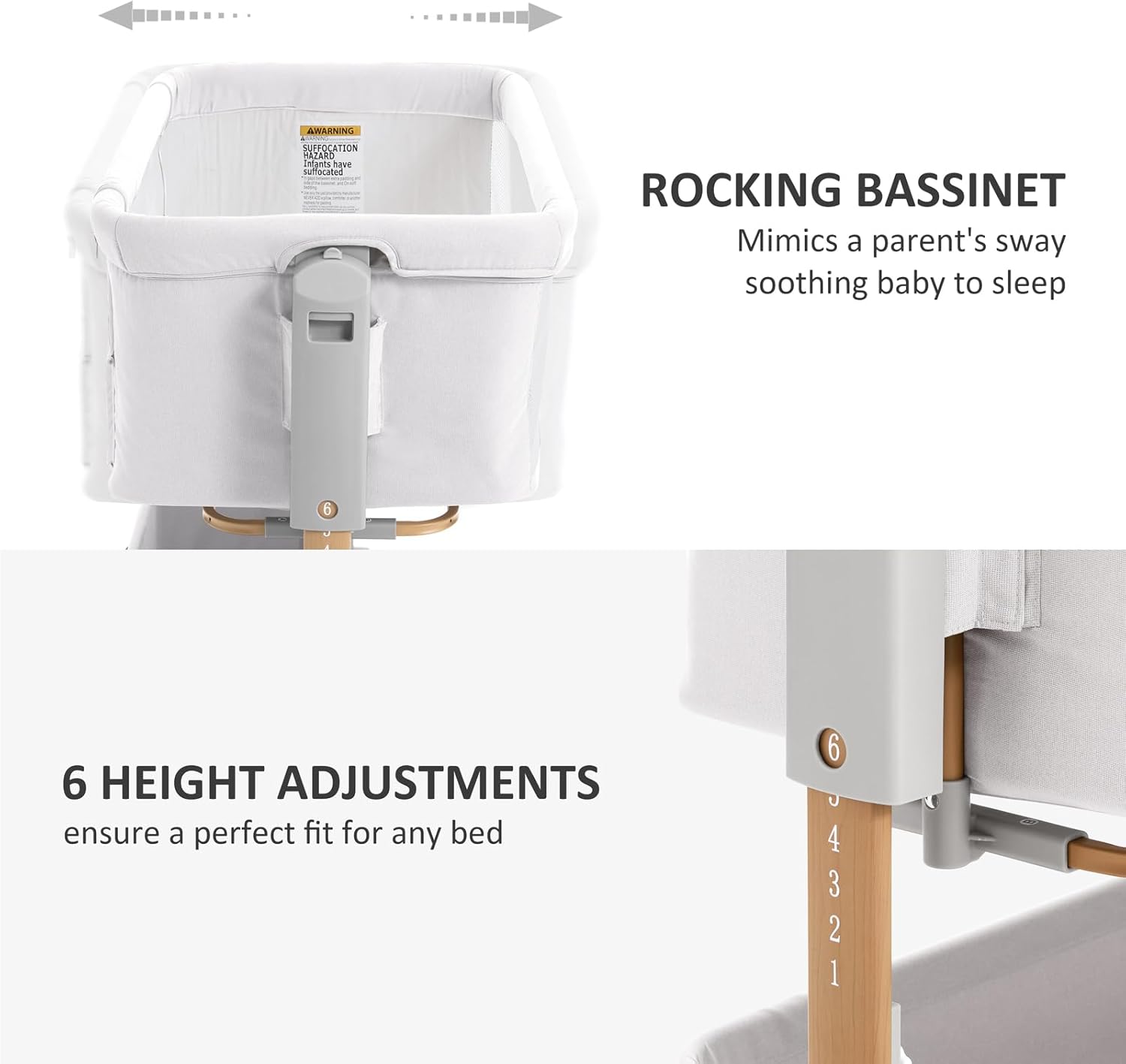 3 in 1 Baby Bassinet, Rocking Bassinet, Bedside Bassinet, 6-Height Adjustable, Bassinet Bedside