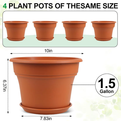 10 Inch Plastic-Flower-Pot-for-Indoor-Plants, 4 Pack Large Outdoor Planter Pot with Drainage Holes