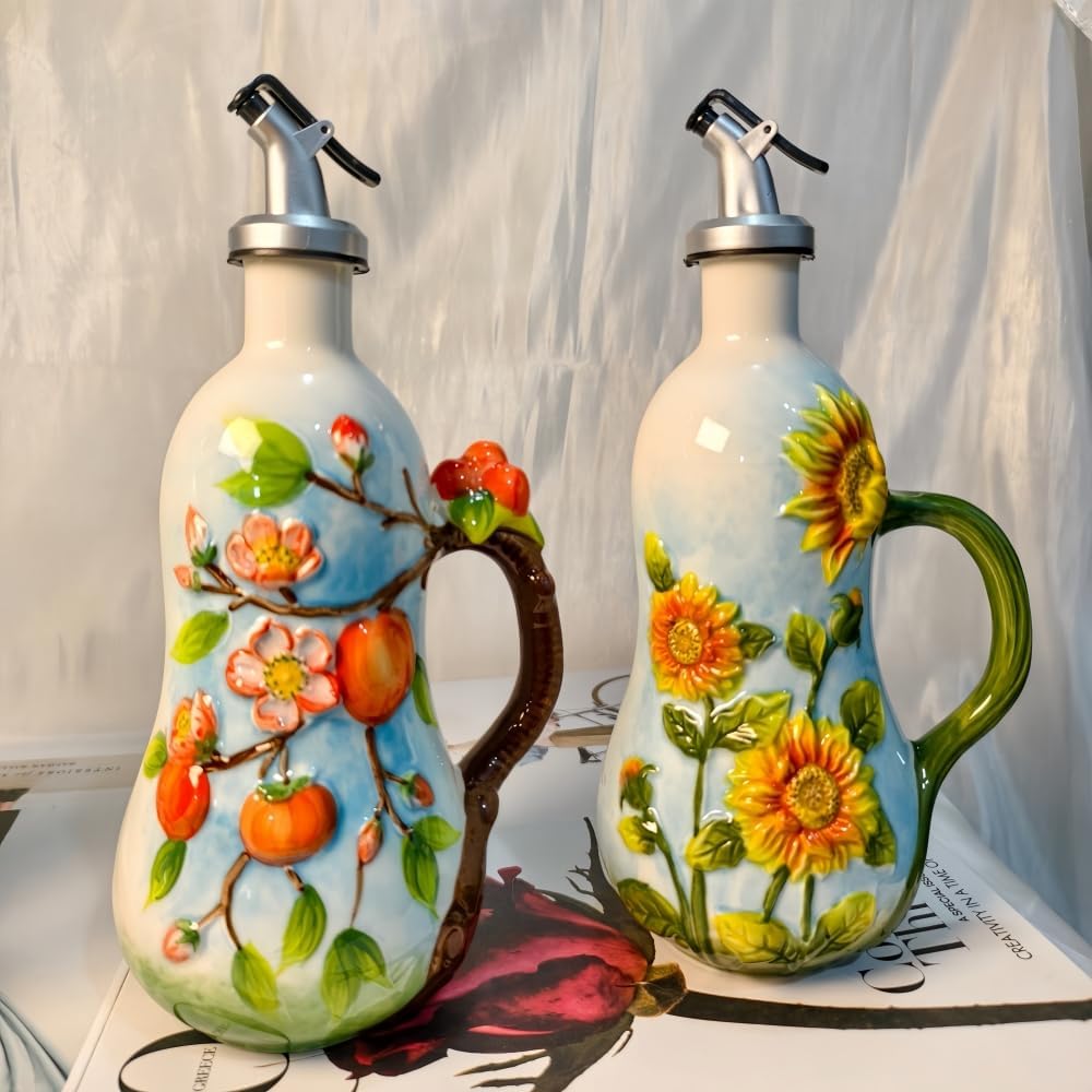 18.26oz/540ml Ceramics Olive Oil Dispenser Bottle,Hand Painted Reliefs Oil Dispenser for