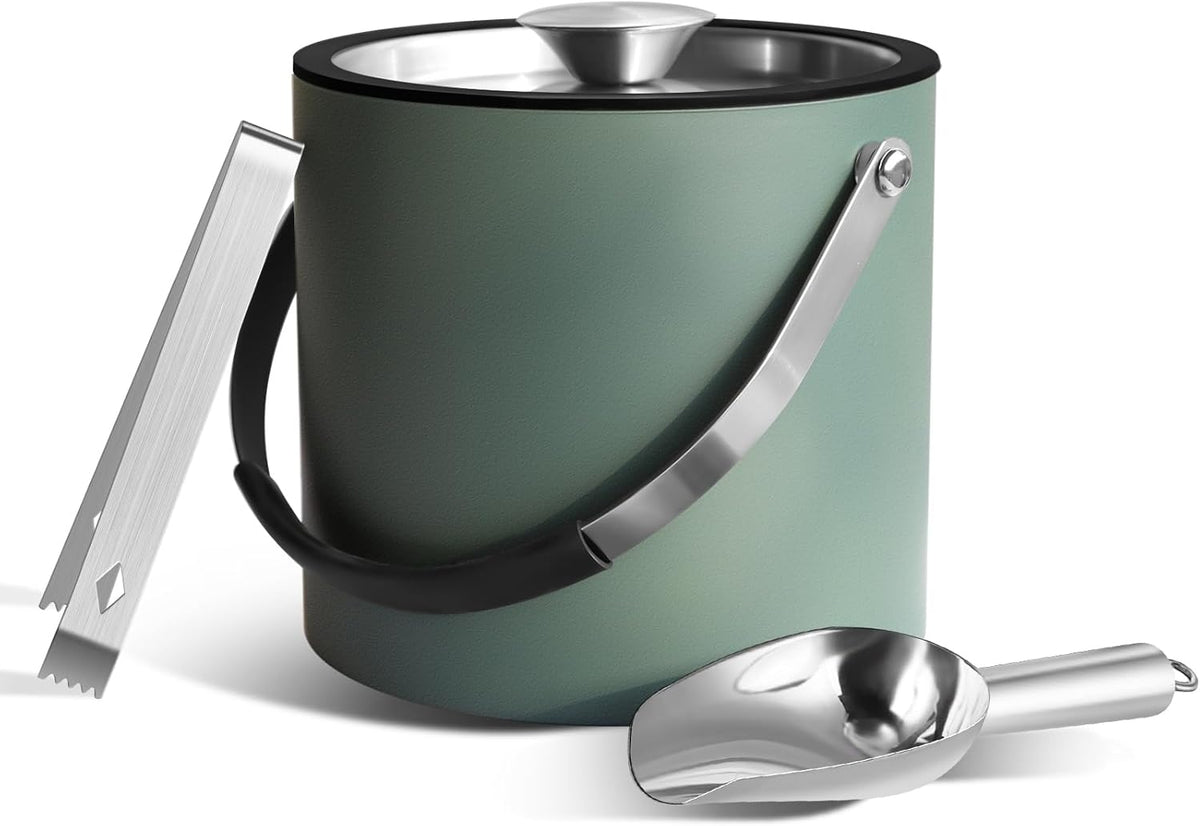3L Ice Bucket with Silicone Lid, Scoop, Tongs & Strainer, Stainless Steel Double Wall Insulated Ice