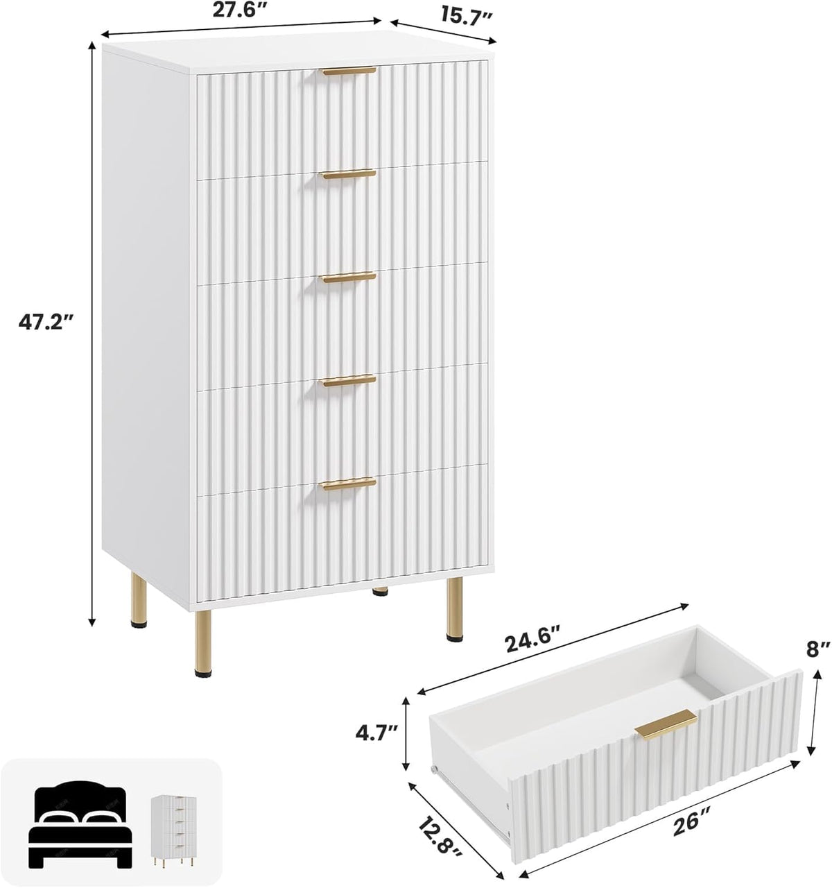 GarveeHome Fluted 5 Drawer Dresser for Bedroom, 47.2" Tall Modern Chest of Drawers with Deep
