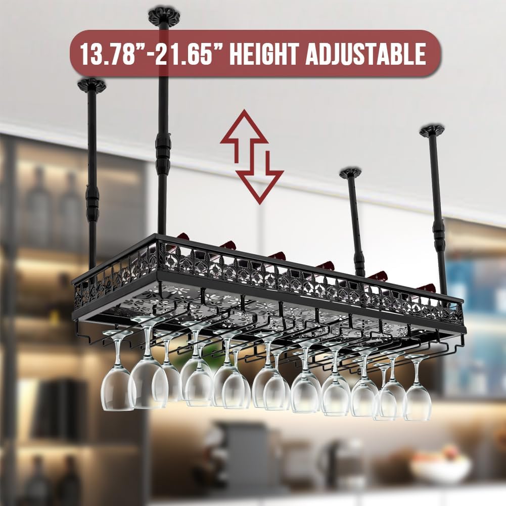 Hanging Wine Rack with Glass Holder, Ceiling Wine Glass Rack 13.78-21.65 inch Height Adjustable