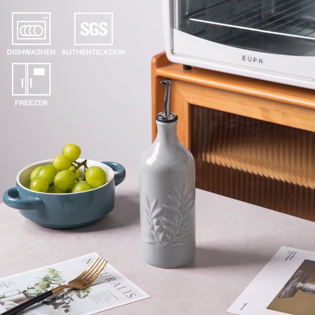 Sweejar Ceramic Olive Oil Dispenser Bottle, 20 Oz Relief Opaque Oil Cruet Protects Oil To Reduce