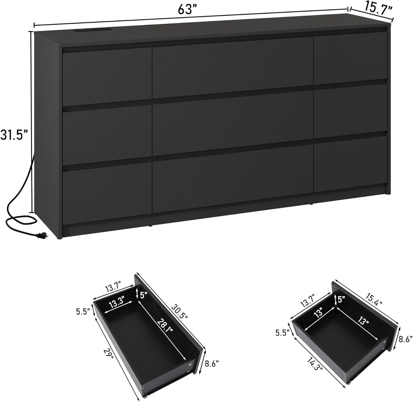 Black malm Dresser for Bedroom, 63 Inch Long 9 Drawers Dresser with Charging Station, Modern Large