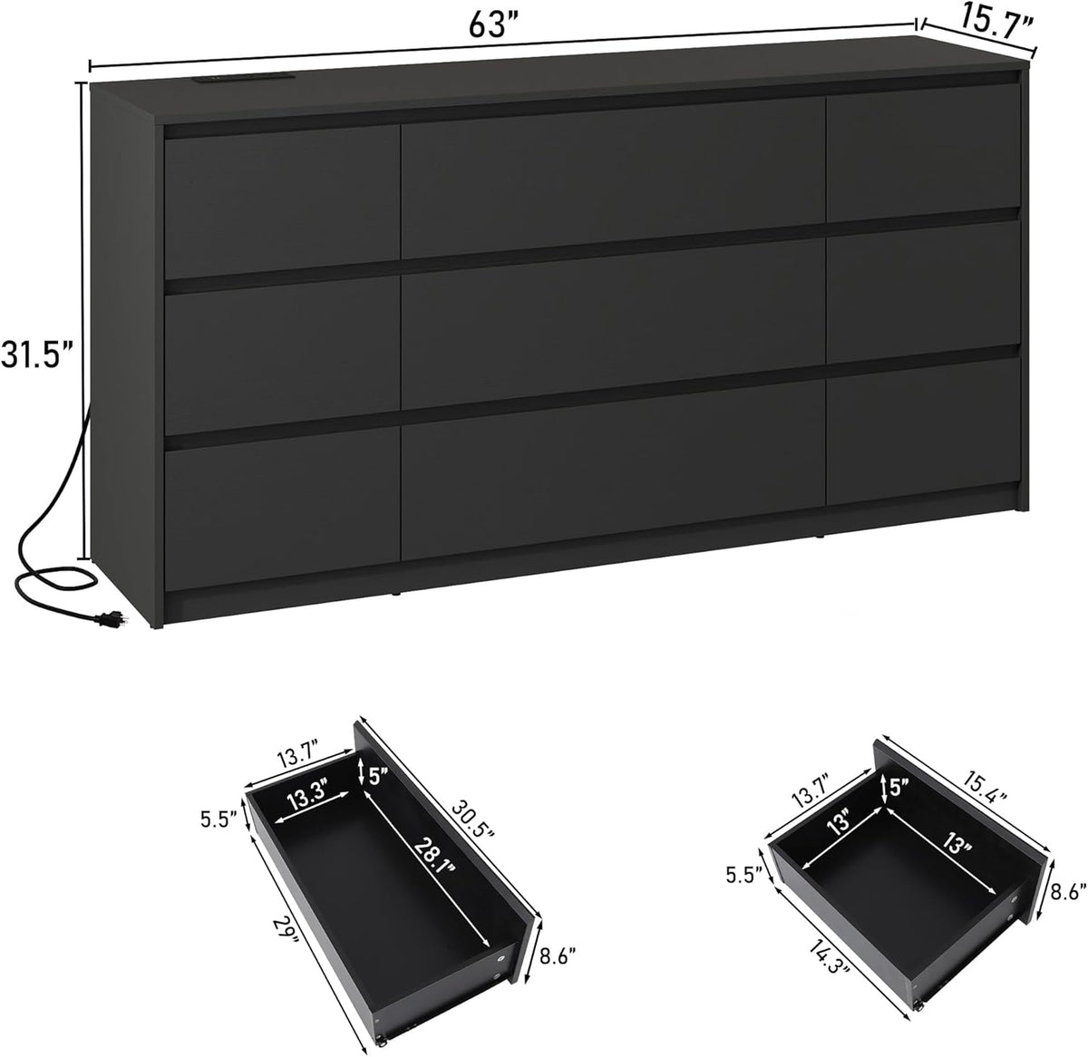 Black malm Dresser for Bedroom, 63 Inch Long 9 Drawers Dresser with Charging Station, Modern Large