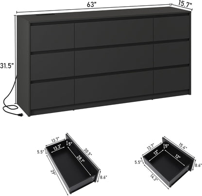 Black malm Dresser for Bedroom, 63 Inch Long 9 Drawers Dresser with Charging Station, Modern Large