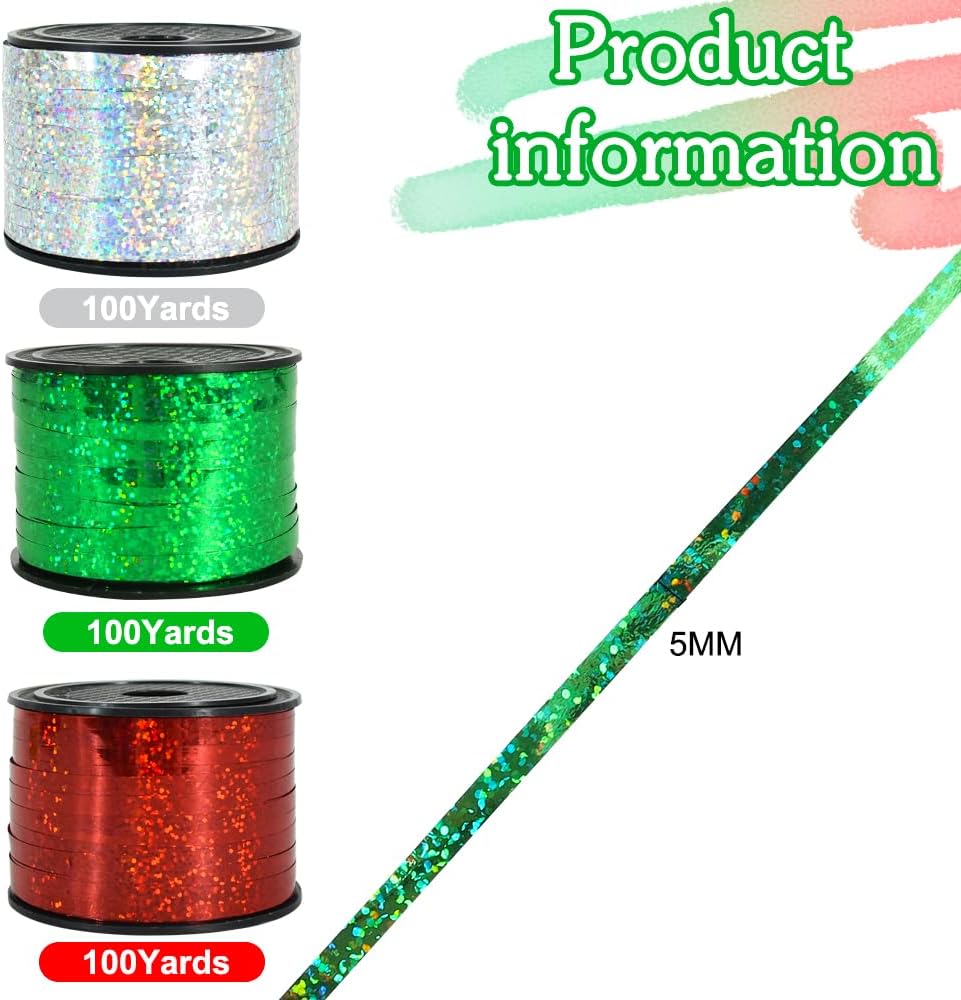 BEISHIDA 3 Pack Christmas Curling Ribbons Red Green Silver Balloons String Ribbons for Gift