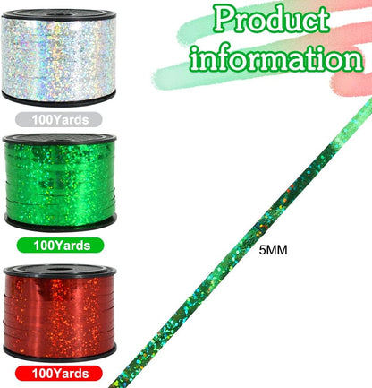BEISHIDA 3 Pack Christmas Curling Ribbons Red Green Silver Balloons String Ribbons for Gift