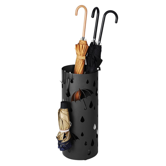 SONGMICS Umbrella Stand, Metal Umbrella Holder for Entryway, with Water Tray and 4 Hooks, 7.7 x 7.7