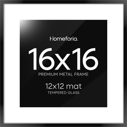 Homeforia 16x16 Picture Frame Black, High End Metal 16x16 Square Poster Frame Matted to 12x12