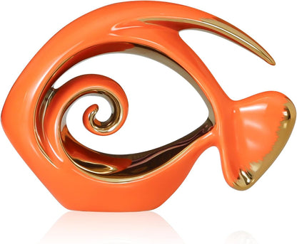 Orange Gold Ceramic Fish Figurines - Coastal Home Decor, Modern Ocean Centerpieces for Living Room