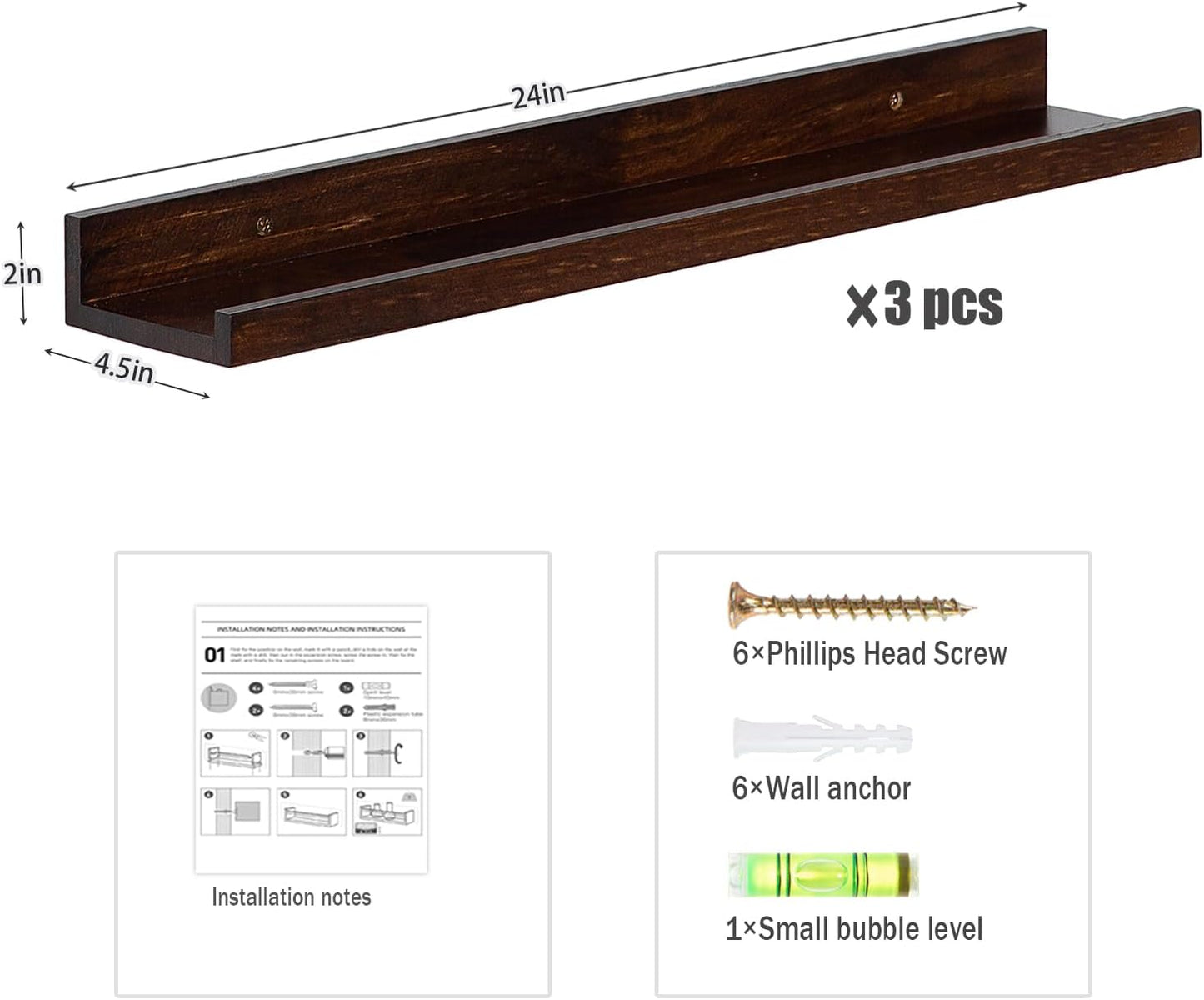 AZSKY Walnut Floating Shelves 24 Inch Picture Ledge Shelf for Wall Photo Shelves with Lip for