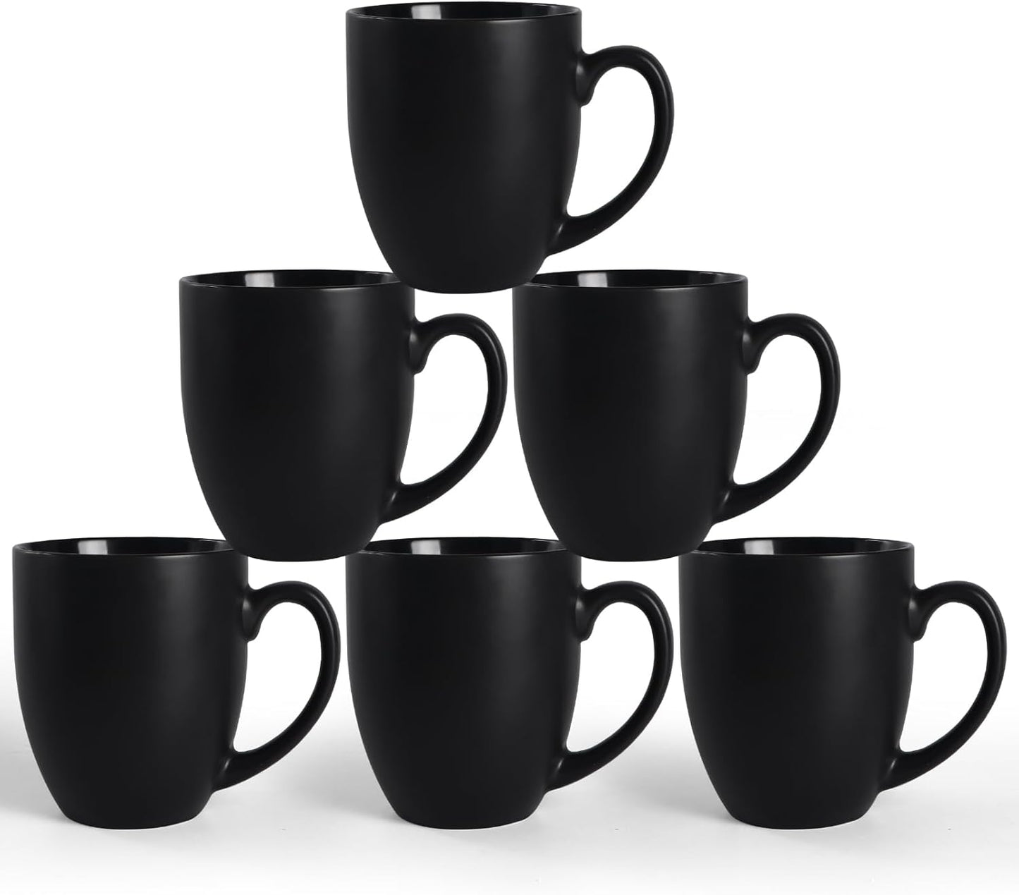16 OZ Black Stoneware Mugs Set of 6, Large Ceramic Coffee Cups with Handle, Porcelain Mugs for