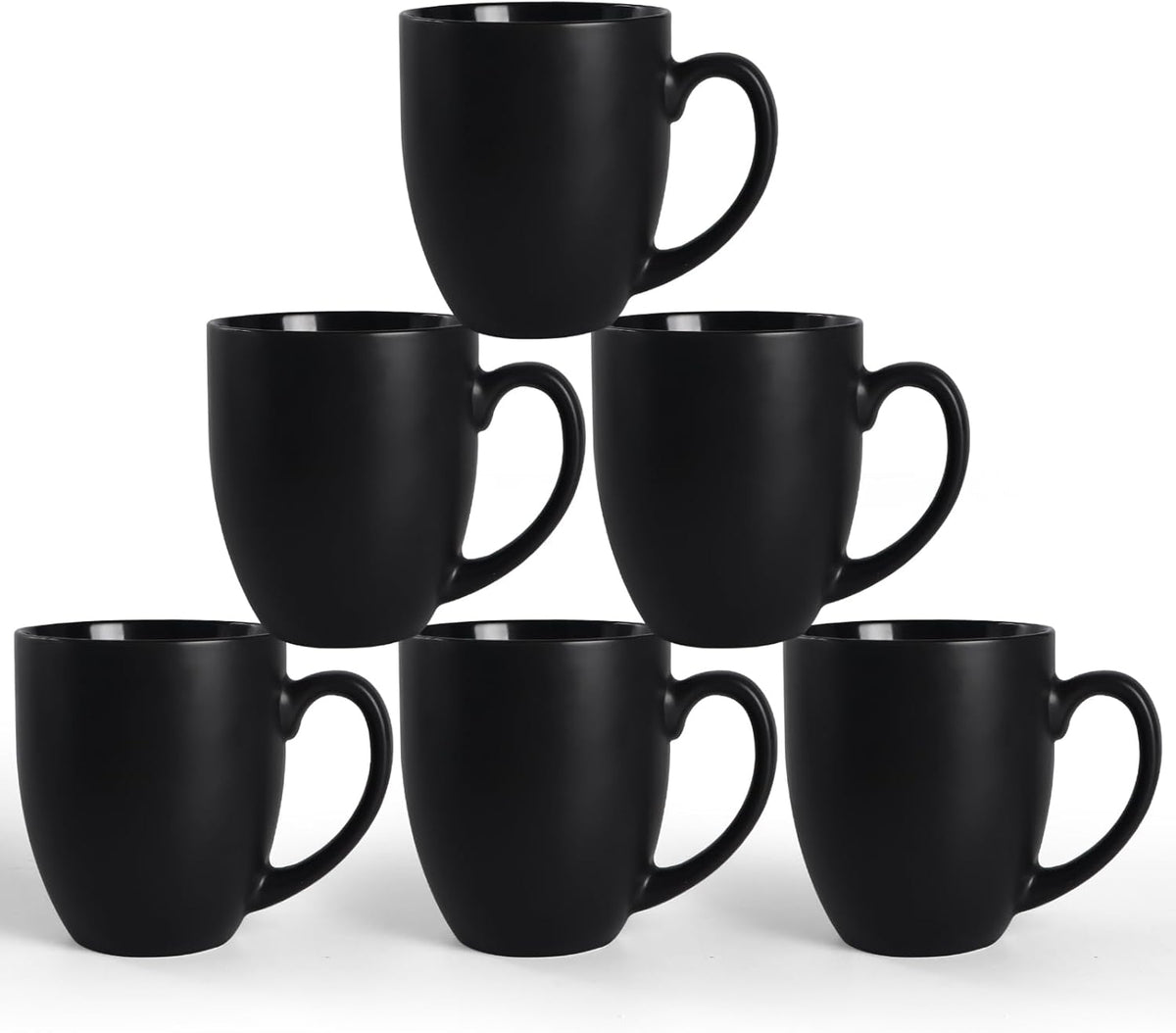 16 OZ Black Stoneware Mugs Set of 6, Large Ceramic Coffee Cups with Handle, Porcelain Mugs for