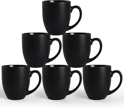 16 OZ Black Stoneware Mugs Set of 6, Large Ceramic Coffee Cups with Handle, Porcelain Mugs for