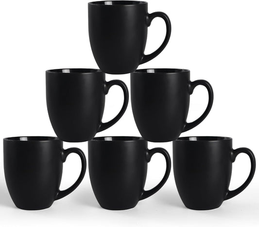 16 OZ Black Stoneware Mugs Set of 6, Large Ceramic Coffee Cups with Handle, Porcelain Mugs for
