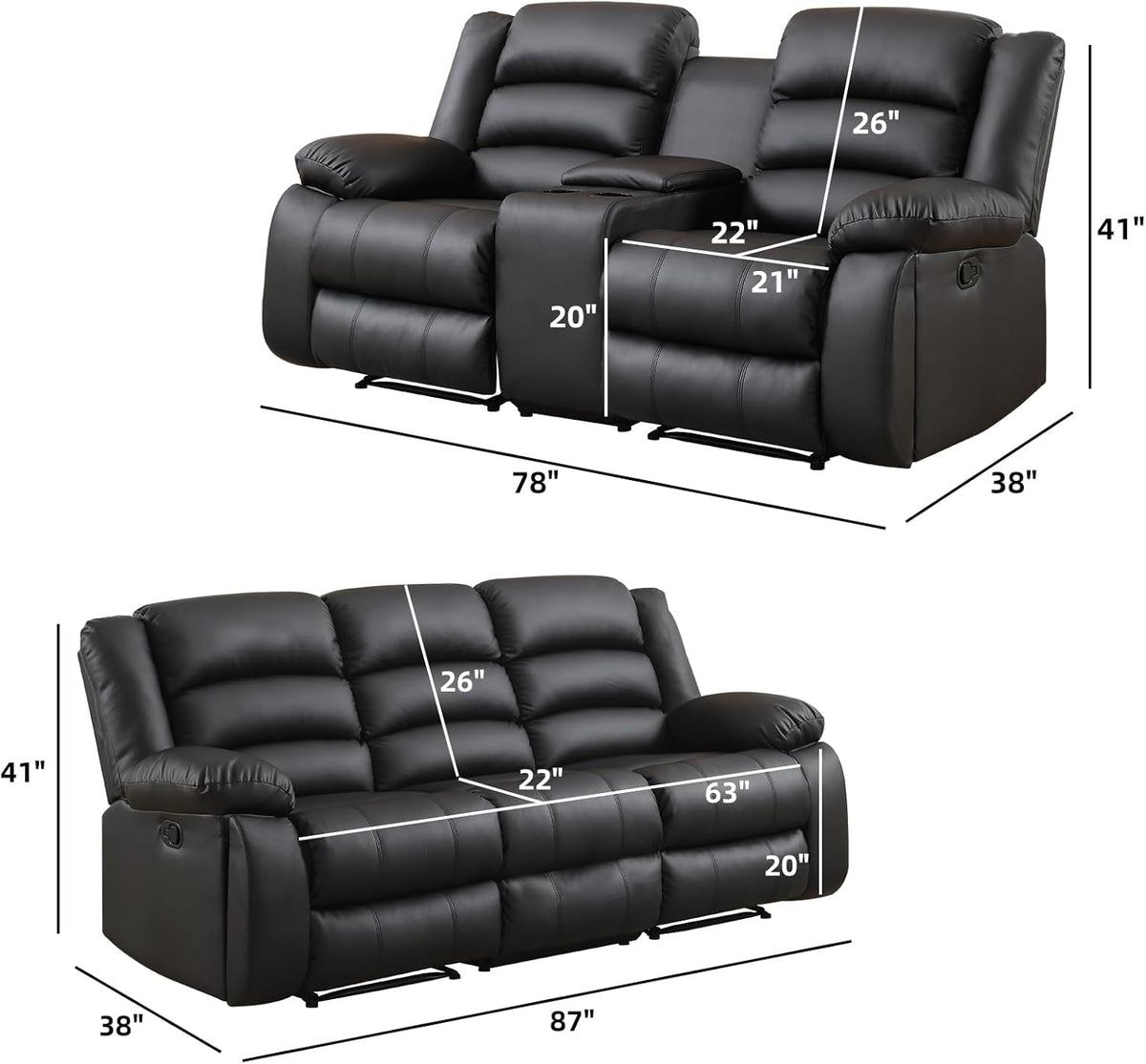 EBELLO Faux Leather Manual Recliner Sofa Set, Loveseat Reclining Sofa and 3 Seat Recliner Sofa