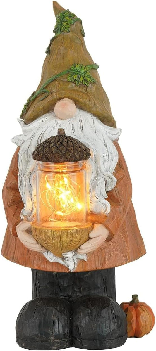 Topadorn Fall Garden Gnome Statue Light, Autumn Harvest Gnome Figurine with Pine Cone on Hand for
