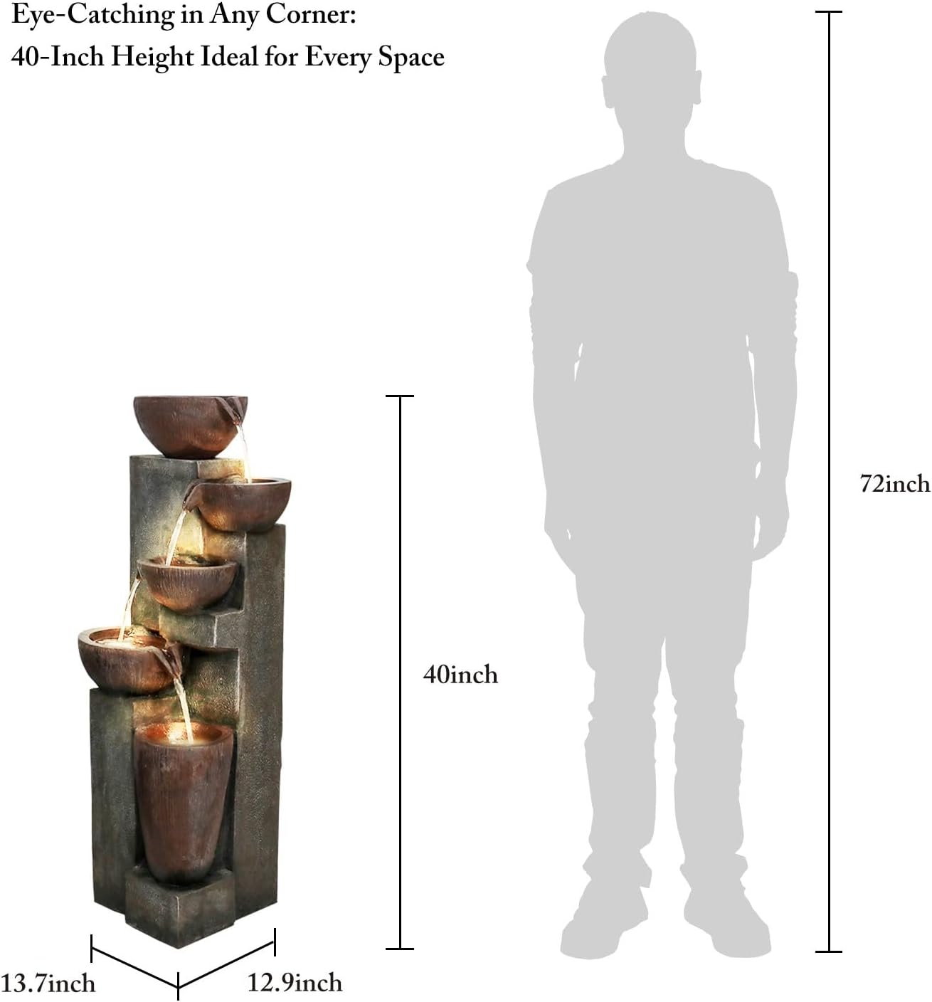 SunJet 5-Tier Cascading Indoor/Outdoor Water Fountain with LED Lights - 39.7" High Large Waterfall