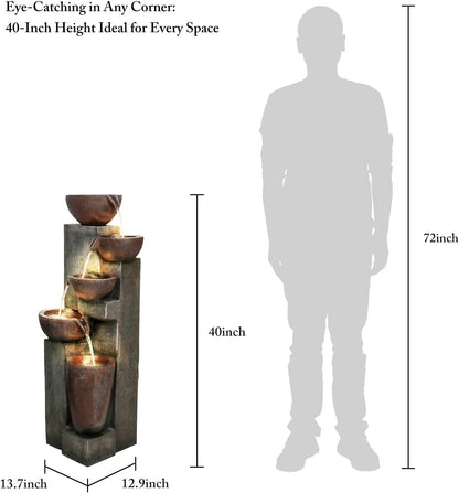 SunJet 5-Tier Cascading Indoor/Outdoor Water Fountain with LED Lights - 39.7" High Large Waterfall