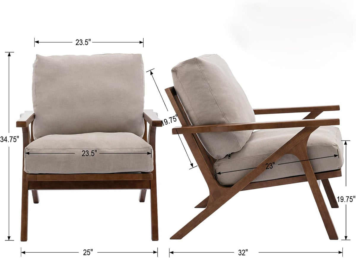 HNY Mid Century Chair, Faux Leather Upholstered Accent Armchair with Wood Frame and Canvas