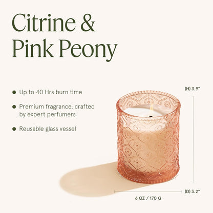 LA JOLIE MUSE Citrine & Pink Peony Scented Candles - Bergamot, Peony, Amber | 6 oz Natural Soy Wax