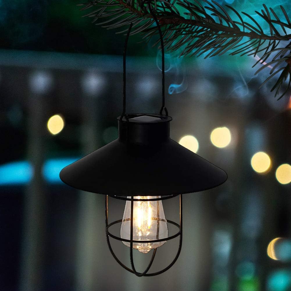 pearlstar Solar Lantern Outdoor Hanging Light Metal Solar Lamp with Warm White Edison Bulb Design