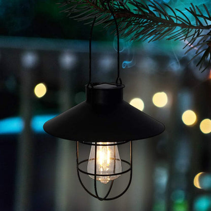 pearlstar Solar Lantern Outdoor Hanging Light Metal Solar Lamp with Warm White Edison Bulb Design