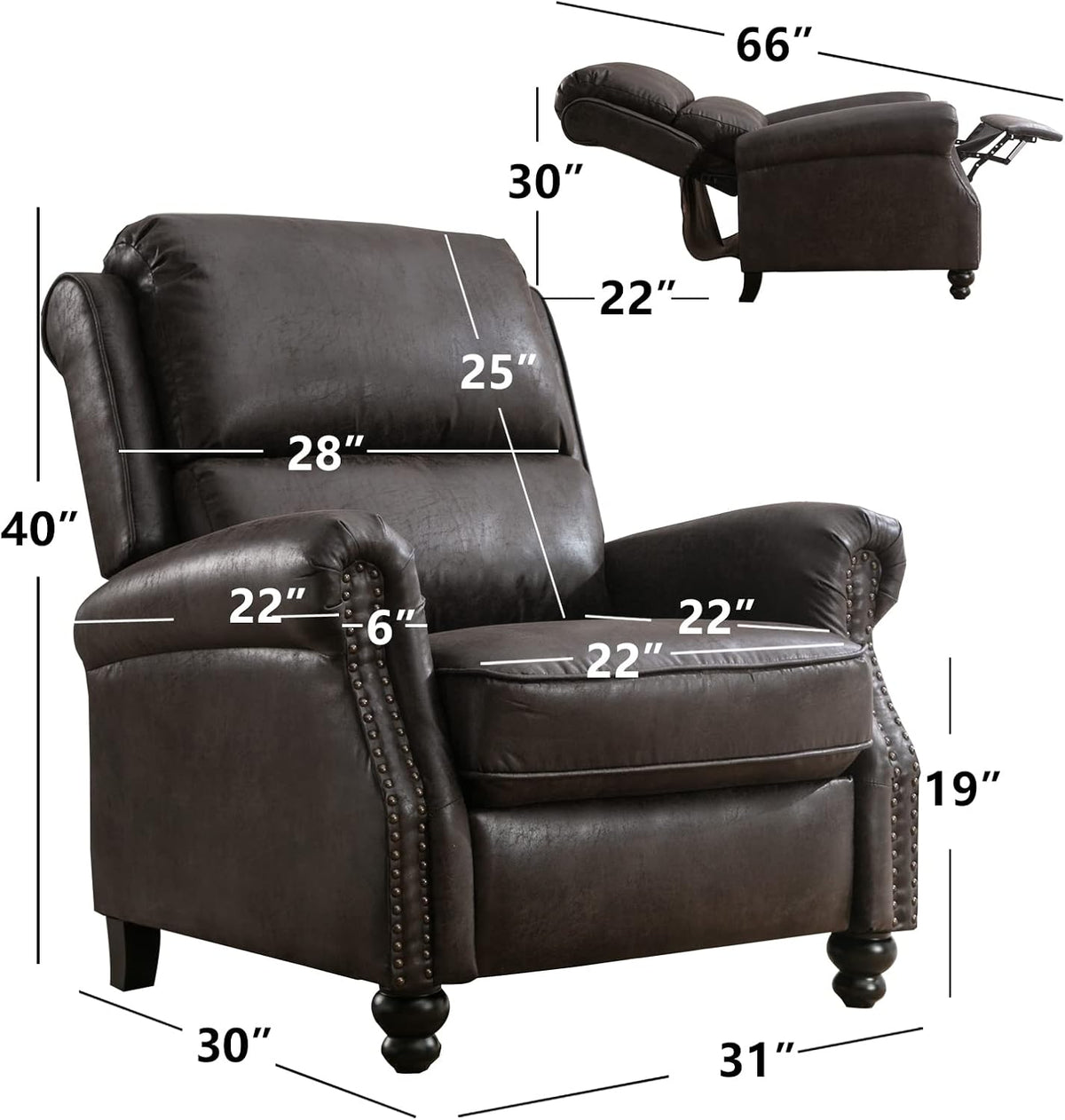 CANMOV Pushback Recliner Chair Faux Leather Armchair Push Back Recliner with Rivet Decoration