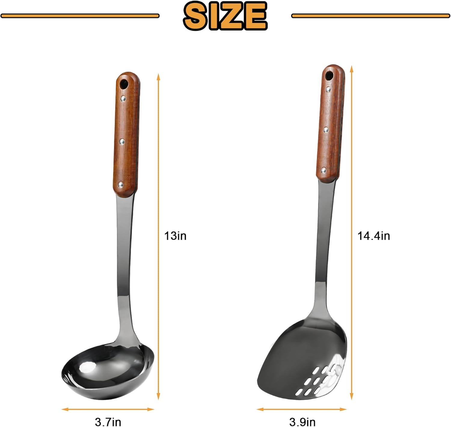 FJNATINH Stainless Steel Wok Spatula and Ladle Tool, Mirror Polished Cooking Utensils Set Metal Wok