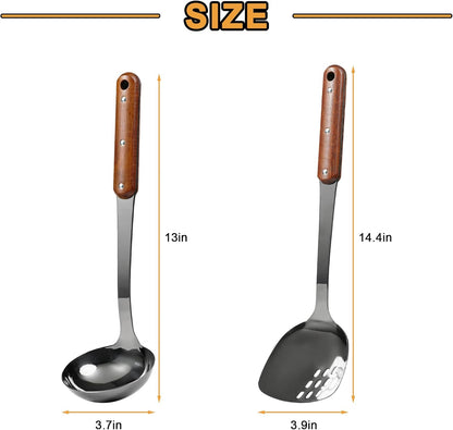 FJNATINH Stainless Steel Wok Spatula and Ladle Tool, Mirror Polished Cooking Utensils Set Metal Wok