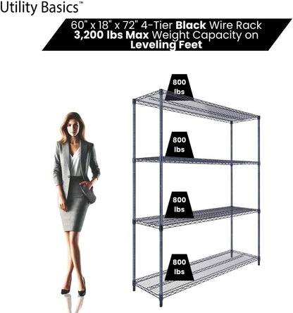 60"x18"x72" Black Premium Metal Steel Wire Shelving 4-Tier NSF 3200 LBS MAX Capacity Heavy Duty