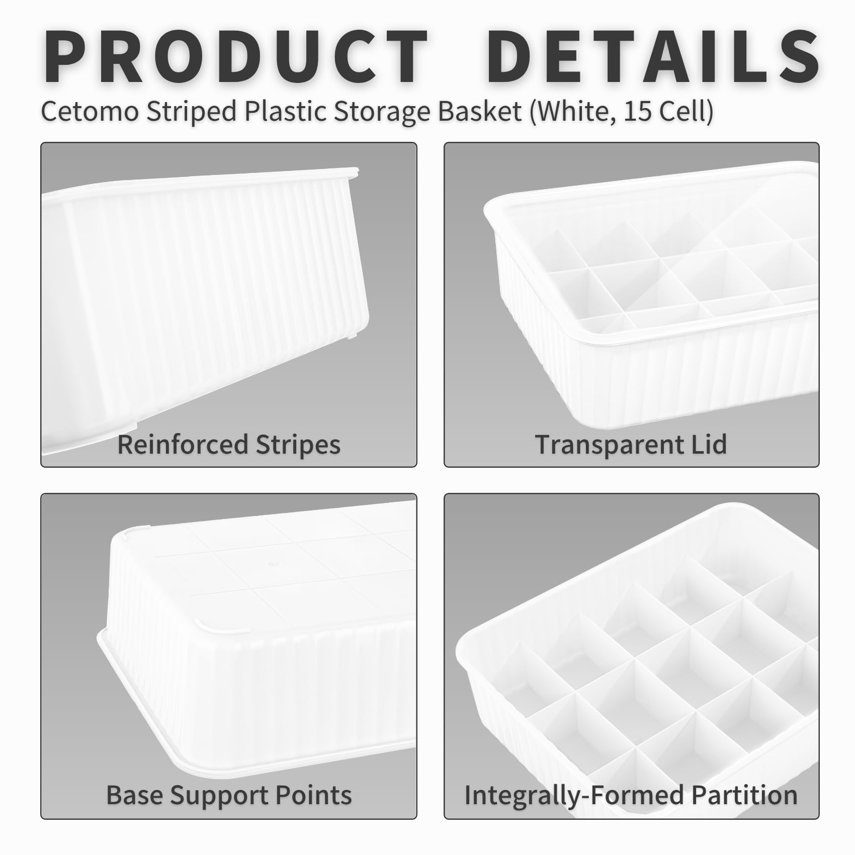 Cetomo 15 Cells Plastic Underwear Sock Drawer Organizer with Lid, Lidded Storage Box with Dividers