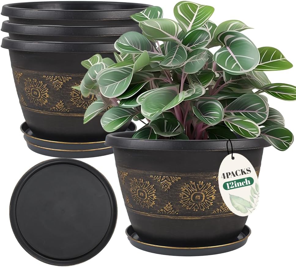 4 Pack 12 inch Plant Pots, Retro Pattern Planters with Drainage Holes and Saucer, Sturdy Plastic