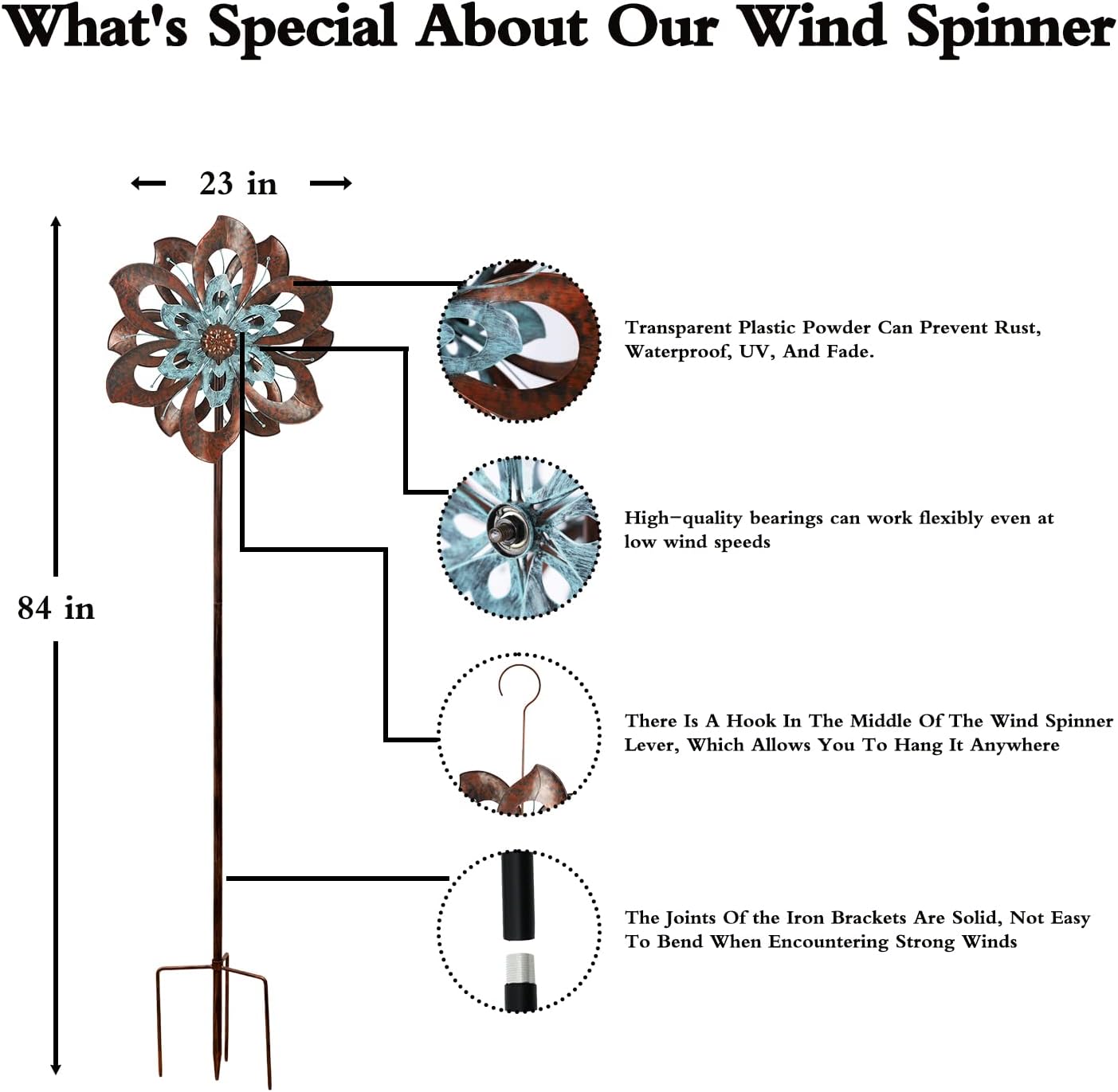 Garden Wind Spinner,Flower Wind Spinner,Outdoor Metal Wind Sculpture & Spinner Large 23 inch Dia 84