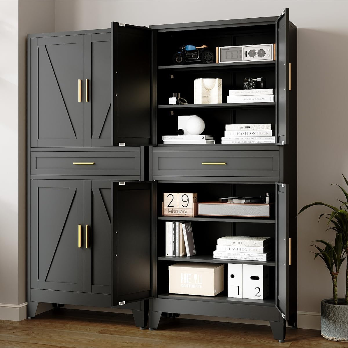 71 "Farmhouse Metal Filing Cabinet with a Drawer and 4 Adjustable Shelves, with 4 Large barn Door