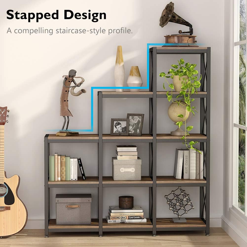 Tribesigns 12 Shelves Bookshelf, Industrial Ladder Corner Bookshelf 9 Cubes Stepped Etagere