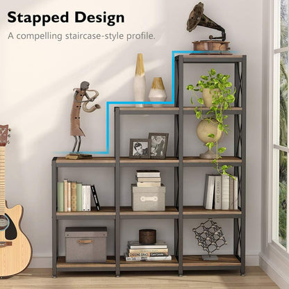 Tribesigns 12 Shelves Bookshelf, Industrial Ladder Corner Bookshelf 9 Cubes Stepped Etagere