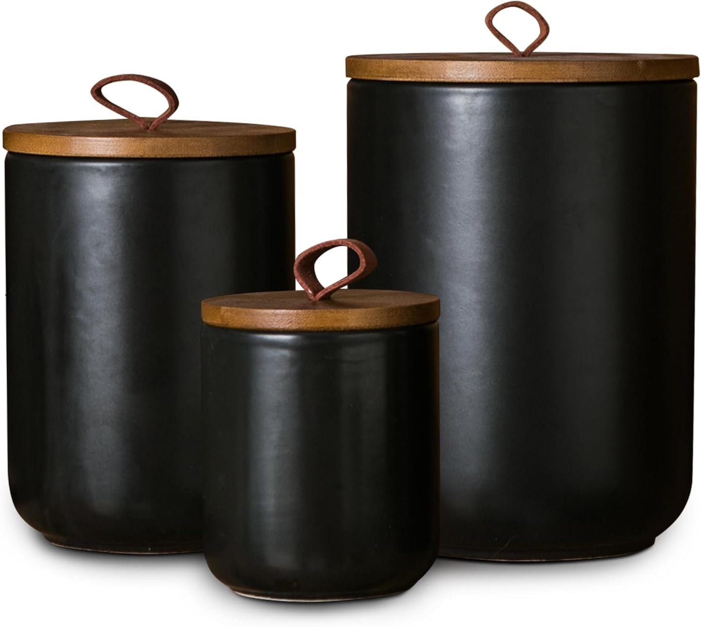 JOJUNO Black Ceramic Canister Set with Wooden Lid, 3-Piece Airtight Food Storage Jars for Kitchen