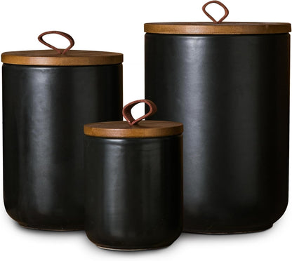 JOJUNO Black Ceramic Canister Set with Wooden Lid, 3-Piece Airtight Food Storage Jars for Kitchen