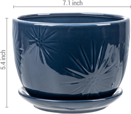 MyGift 7 Inch Round Blue Ceramic Plant Pot with Drainage Hole and Attached Saucer, Modern