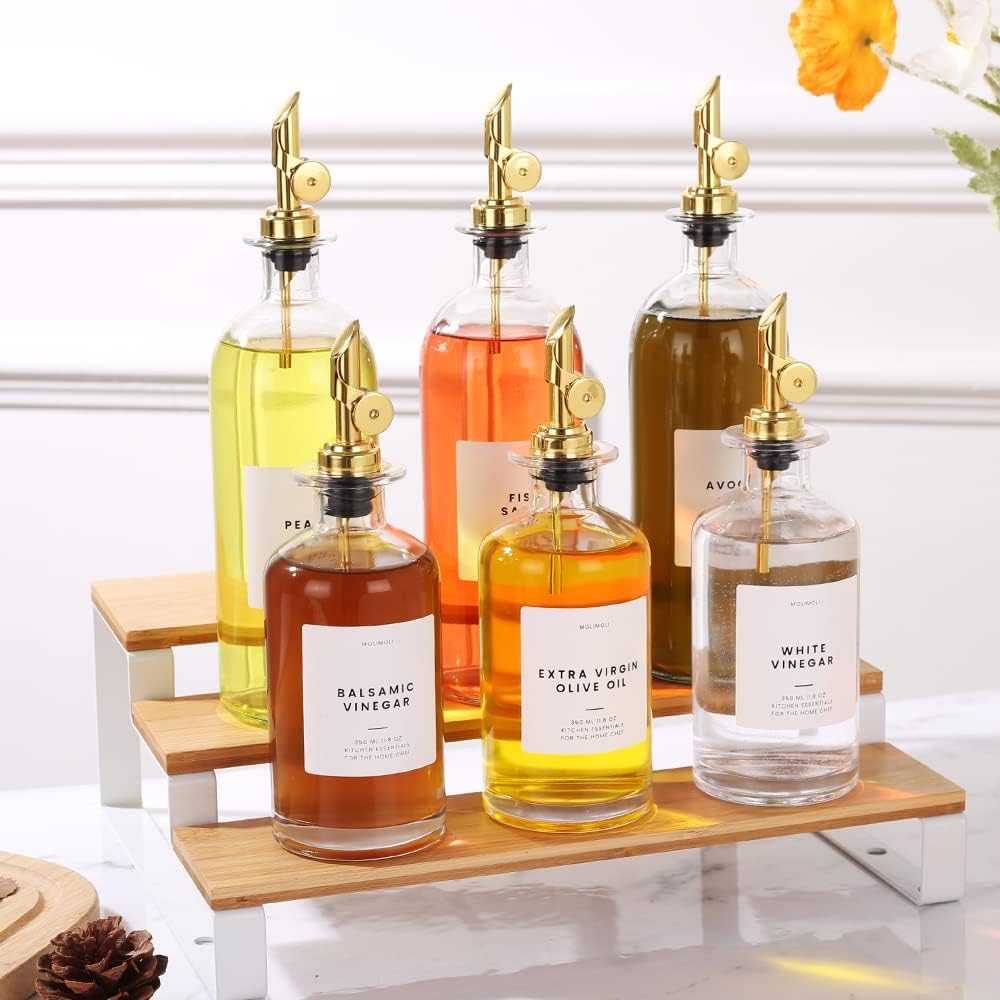 Molimoli Oil and Vinegar Dispenser with Metal Pour Spout, Weighted Pourer, Glass Bottle Dispenser