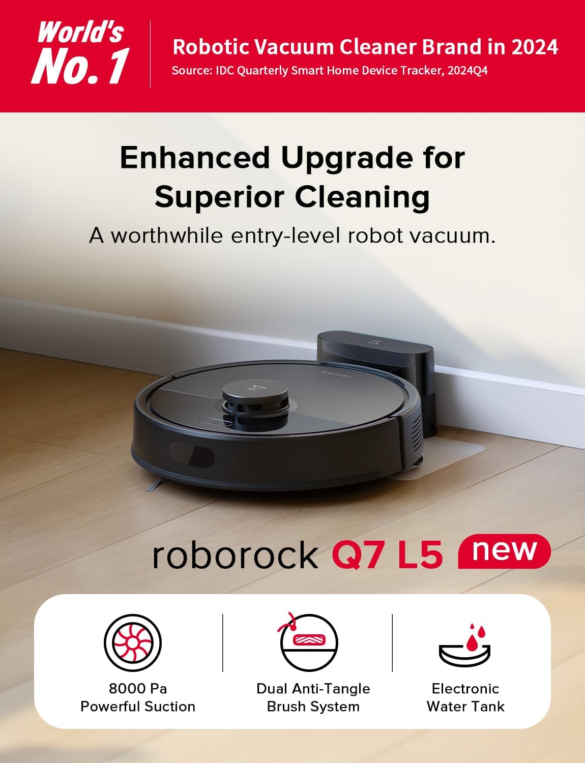 roborock Q7 L5 Robot Vacuum and Mop Combo, 8,000Pa Suction, Upgraded from Q5 Pro, Dual Anti-Tangle